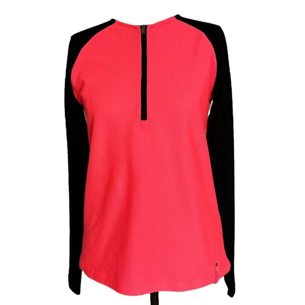 LAUREN RALPH LAUREN Half Zip Waffle Knit Long Sleeve Top Neon Pink Black XXL